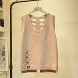 Hollow V-neck Knitted Sweater Vest Female Sleeveless Strap Ribbed Edge Solid Color Pullover Sweater Vest Women Spring