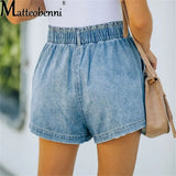 Summer New Blue Women's Denim Shorts Large Size Sexy High Waisted Pocket Jeans Shorts Casual Elastic Waist Streetwear