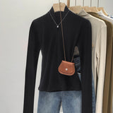 Color Design Feel Minority Long-Sleeved T-Shirt Women's Autumn New Semi-High-Collar Bottomed Shirt Slim V-Collar
