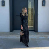 Neck Shoulder Pad Gird Pattern Maxi Dress Women Long Sleeve Slim Pleated A-line Dresses 2024 Fashion Lady Party