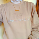 Love Never Fails Butterfly Embroidered Khaki Crewneck Sweatshirt- Outfit