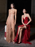 High-End Women's Perspective Sexy Sling Dress Dress Deep V Print High Open Fork Dress
