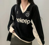 Preppy Contrast Color Letter Print V Neck SweatshirtOutfit
