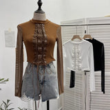 Real Shoot Spice Girls Strap Spliced Pu Skin Repair Slim Semi-High Collar Long Sleeve Top Short T-Shirt