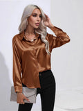Satin Shirt Satin Imitation Silk Long-Sleeved Pure Color Elegant Button Front Lapel