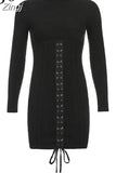 Fashion Patchwork Lace Up Bodycon Black Dress Female Long Sleeve Clubwear Party Dress Bandage Autumn Dresses