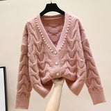beaded V-neck knitted cardigan women's spring 2021 new fashion all-match knitted outer wear