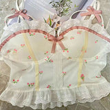 Tops Women Summer Tulip Pattern Lace Trim Bows Decoration Crop Top Sweet Girl Camis Kawaii