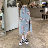 Fashion Denim Long Skirts For Womens Summer Blue High Waist Raw Edge Slit Vintage Washed Printing Korean Style Casual