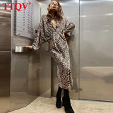 Sexy Leopard Print Deep V-neck Dresses For Women 2022 Autumn Elegant Batwing Sleeve Loose Dresses Fashion Party