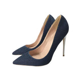 Blue Denim Ladies Pumps 12 cm Shallow Pointed Toe Female High Heels Shoes Women plus size BM004