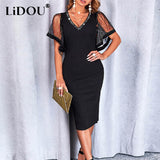 Women Sexy Diamond V-neck Mesh Perspective Butterfly Sleeve Midi Bodycon Dress Elegant Evening Dresses Vestidos Fiesta