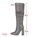 New Autumn Winter Zebra Print Women Boots Fashion Pleated Square High Heel Knee High Boots Ladies Slip On Pointed Toe