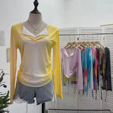 Fake Two Sunscreen Long-Sleeved T-Shirt Women Autumn Design Dizzling Drawstring Folding Short Top