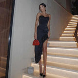 Black Asymmetrical Ruffled Midi Dress- Outfit