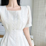 Lace Midi Dresses for Women 2023 New Summer French Embroidery Square Neck Short Sleeve Elegant Fashion Female