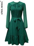 Solid Green Flare Vintage Dresses Women Fashion Slim Mini Sundress Elegant Chic Puff Sleeve Swing Bohemian Dresses