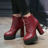 Women Platform Boots Fashion Thick High Heel Ankle Boots Pu Leather Lace Up Autumn Winter Woman Shoes 2018 White Black