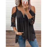 Elegant Hollow Out Shirt Women Sexy Lace Half Sleeve Zipper Casual T Shirt V Neck Loose Plus Size Sling Pullover