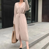 Vintage Women Knitted Dress Autumn Winter Brief V-neck Warm Drawstring Lace-up Loose Midi Female Sweater