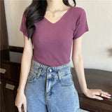 Summer Short Sleeve Korean Style Sweater V-Neck Knitted Pullover Women Sweaters Basic Thin Tops Pull Femme Jumper
