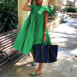 Oversized Patchwork Dress Women's Elegant O-Neck Ruffle Sleeve Midi Dresses Summer Female A Line Ruffled Sundress