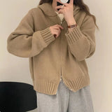 Zingj Style Multi-Color Hooded Double Zipper Knit Cardigan Women's New Short Hair Sweater Hoodie Autumn And Winter Small Coat-Outfit