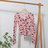 Pink V-Neck Velvet Bow Single Buckle Buckle Coat On The Head Short Long-Sleeved Mesh T-Shirt
