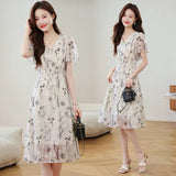 Feng Shuo Ink Printing V-Neck Dress Women 2025 Summer New Lotus Leaf Sleeve Mother Chiffon