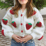 Fashion Elegant Cute Print Strawberry Single Breasted Sweater Women Autumn Thicken Warm Cardigan Sweater