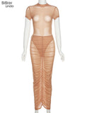 Mesh Outfits Women Two Piece Set Skinny O-Neck Short Sleeve Bodysuits Top+Skirt See Through Clubwear Vacation Matching