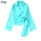 Women Fashion Solid Color Soft Satin Bow Tied Kimono Smock Blouse Female Long Sleeve Casual Shirt Chic BlusasTops