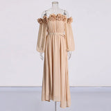 French Elegant Wind Shoulder Dress Dress 2025 New Splicing Three-Dimensional Flowers Decorated Long Dress