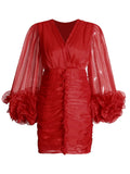 2025 Spring New Temperament Style Fashion Big V Collar Three-Dimensional Flowers Folded Ass Hips Short Dress