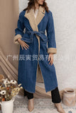 The Ins Autumn Winter Elegant Ladies Coat Lambkin Lapel Quilted Lined Lace Double Pocket Denim Trench Coat-Outfit