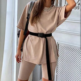 Solid Outfits Women's Two Piece Suit with Belt Home Loose Sports Tracksuits Fashion Bicycle Summer Hot Suit