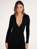 Long Sleeve Party Dresses Women Button Knitted Ankle-Length V-Neck Skinny Autumn Sexy Dresses Women Cotton Split