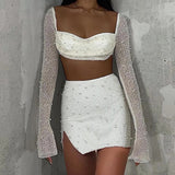 Pearl Sexy Dress Sets Women Square Collar Full Sleeve And Split Skirt Matching Sets Female Club Party Two Piece
