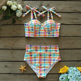 Sexy Colorful Plaid Bikini Set High Waist Swimwear Shoulder Strappy Bathing Suit Beachwear Biquini