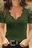 Lace Short Sleeve Blouses Women Fashion Deep V Neck Sexy Hollow Out T-shirt Lady 2023 Slim Top Shirts Casual Blusas