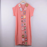 Queens Women Colorful Embroidery Short Sleeve Beach Sexy Loose Bohemian Maxi Dress Ladies V-neck Boho Sundress