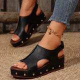 New Thick-Bottomed Hollow Fish Mouth Sandals Women Large Size Rivet Magic Sticky Slope And Beach Cool