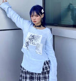 Gothic Skull Print Loose T Shirt Women Off Shoulder Long Sleeve Japanese Harajuku Thin T-shirt Korean Fashion Y2k
