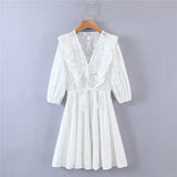 Queens Women White Lace Embroidery Hollow Out Beach Bohemian Mini Dresses Ladies V-neck Wrist Boho Dress