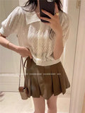 Zingj Summer New Design Sense Short Polo Collar Short Sleeve Jacket Sweet Hollow Out Bubble Sleeve Sweater Woman-Outfit