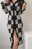Long Sleeve Polo Plaid Slim Pencil Dresses for Women Evening Party Sexy Split Sweater Bodycon Dress Autumn Winter