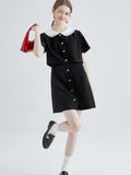 Summer Black Mini Shirt Dress Women Korean Fashion Elegant Vintage Sweet Peter Pan Collar Short Sleeve Party Vestidos
