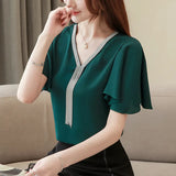 Shirt Women's Short Sleeve Shirt 8678 Spring / Summer New V Collar Fashion Chiffon Shirt Loose Joker Style Small