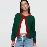 Contrast O-neck Single Breasted Long Sleeve Cardigan- Outfit