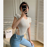T-shirt Women's Fashion Bandage Small Round Neck Exposed Waist Sexy Short Sleeve Top New Summer Tshirt 2021